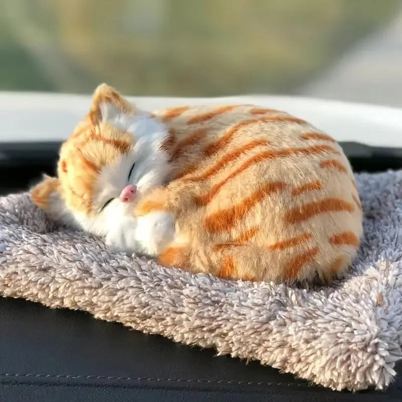Sleeping Cat Plush Toy with Press Simulation Sound, Breathing Cuddly Cats Stuffed Animal Doll with Soft Mat Bed Stuffed Animal Fur Soft Toys with Sound for Kids Car, Dashboard, Office
