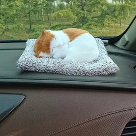 Sleeping Cat Plush Toy with Press Simulation Sound, Breathing Cuddly Cats Stuffed Animal Doll with Soft Mat Bed Stuffed Animal Fur Soft Toys with Sound for Kids Car, Dashboard, Office