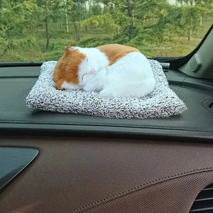 Sleeping Cat Plush Toy with Press Simulation Sound, Breathing Cuddly Cats Stuffed Animal Doll with Soft Mat Bed Stuffed Animal Fur Soft Toys with Sound for Kids Car, Dashboard, Office