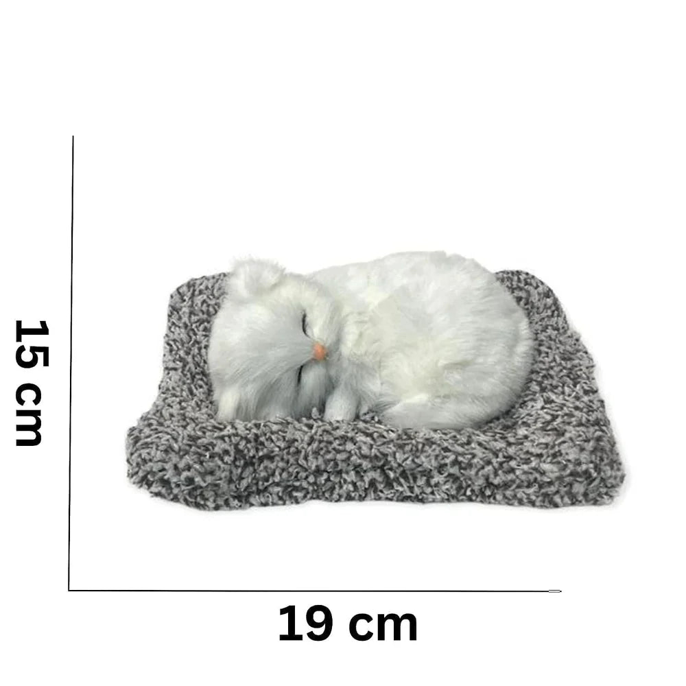 Sleeping Cat Plush Toy with Press Simulation Sound, Breathing Cuddly Cats Stuffed Animal Doll with Soft Mat Bed Stuffed Animal Fur Soft Toys with Sound for Kids Car, Dashboard, Office
